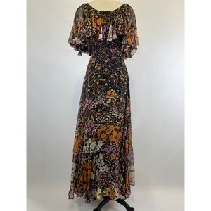 RARE Vintage 1970s Valerie‎ Parr 100% Silk Black Floral Gown